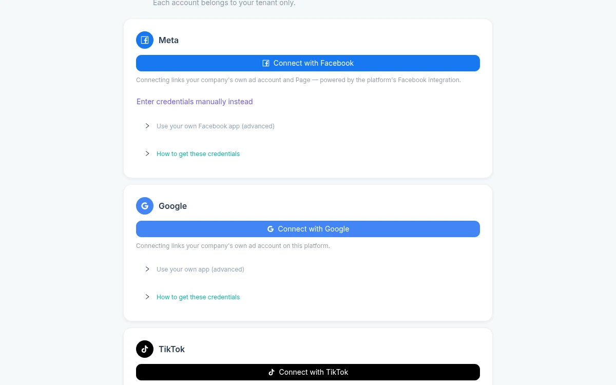 صفحة الاتصالات تعرض بطاقات Meta وGoogle وTikTok